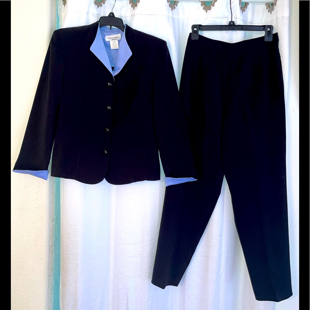 Miss Dorby Petite Black Light Blue PantSuit